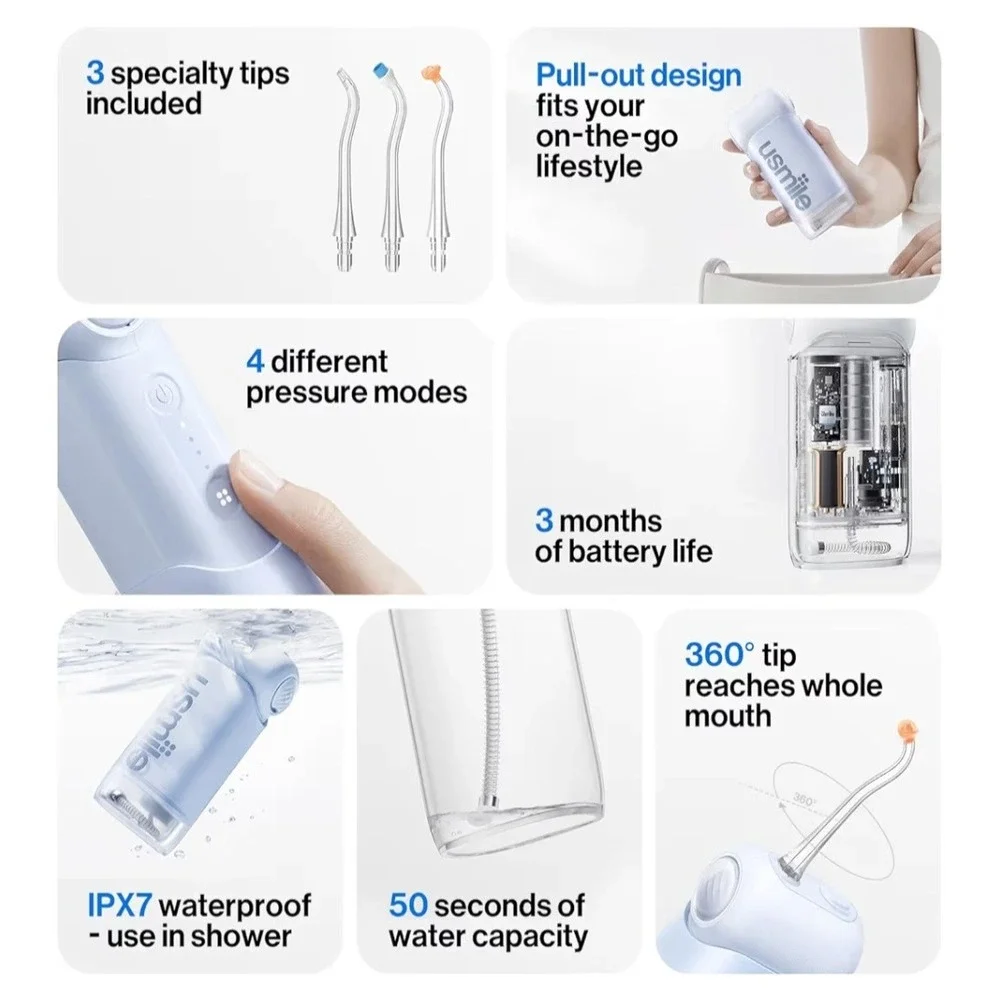 usmile C10 Portable Dental Flosser Water Flosser IPX7 Waterproof Blue New